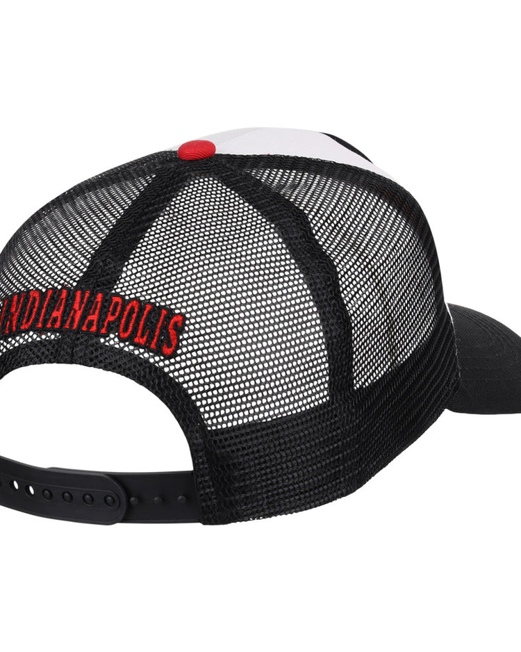 The Ebbets Field Indianapolis Indians MiLB Trucker Ballcap features a white front panel, black mesh and button, an adjustable strap, and 