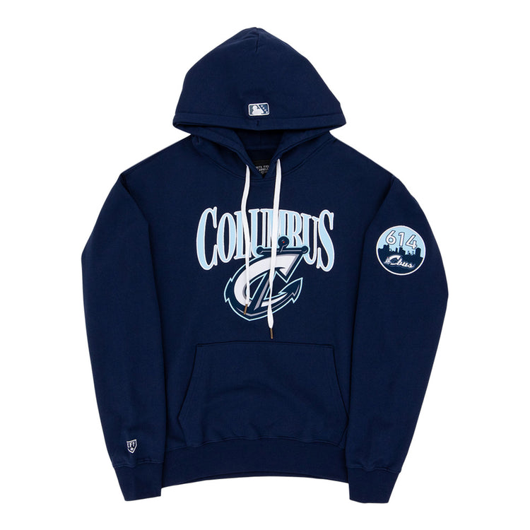 The Ebbets Field Columbus Clippers MiLB Cotton Hooded Sweatshirt is a navy blue hoodie with white drawstrings, COLUMBUS and a stylized C logo on the front, a circular 614 Class patch on the left sleeve, and a small logo near the left wrist.
