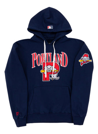 The Ebbets Field Portland Sea Dogs MiLB Cotton Hooded Sweatshirt is navy blue with 
