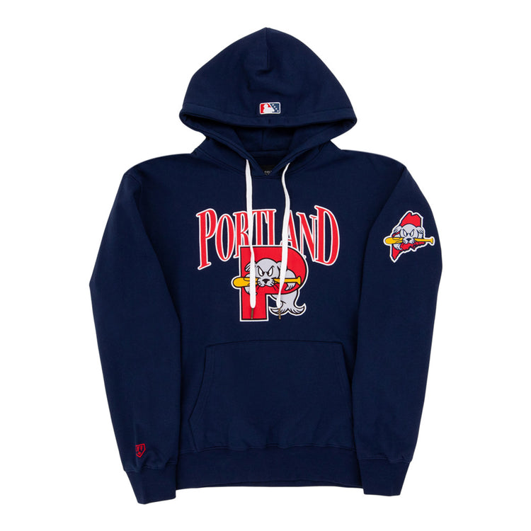 The Ebbets Field Portland Sea Dogs MiLB Cotton Hooded Sweatshirt is navy blue with 