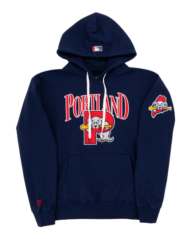 The Ebbets Field Portland Sea Dogs MiLB Cotton Hooded Sweatshirt is navy blue with 