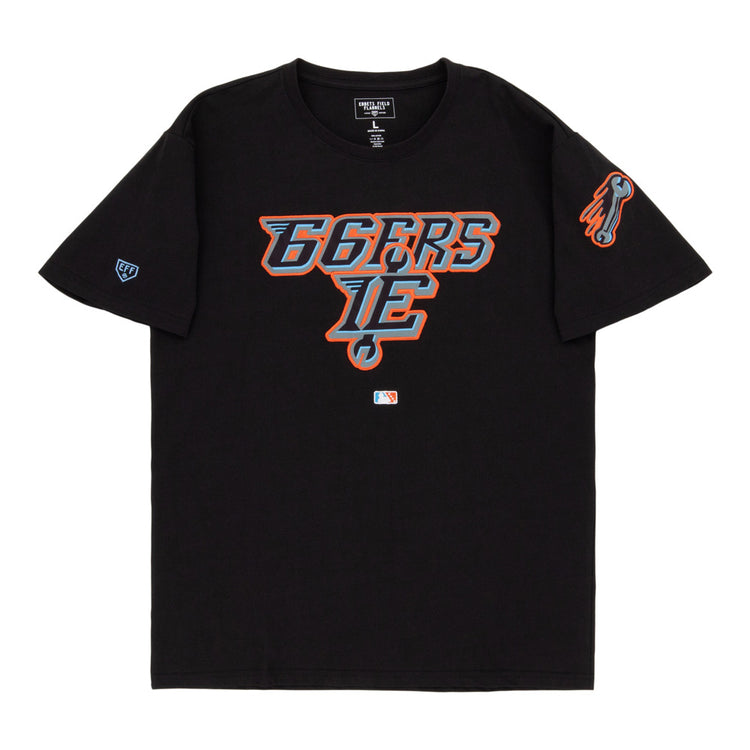 The Ebbets Field Inland Empire 66Ers MiLB Fashion Cotton Short Sleeve Tee features a black design with a blue, orange, and white stylized 66ERS IE logo on the chest, a flaming baseball graphic on the sleeve, and an official MLB logo near the hem.