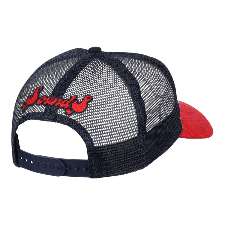The Ebbets Field Nashville Sounds MiLB Logo Wordmark Trucker Ballcap is a navy mesh cap with a red brim, 