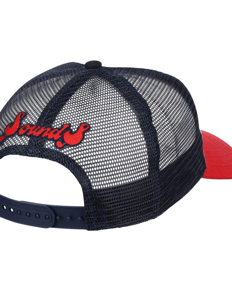 The Ebbets Field Nashville Sounds MiLB Logo Wordmark Trucker Ballcap is a navy mesh cap with a red brim, 