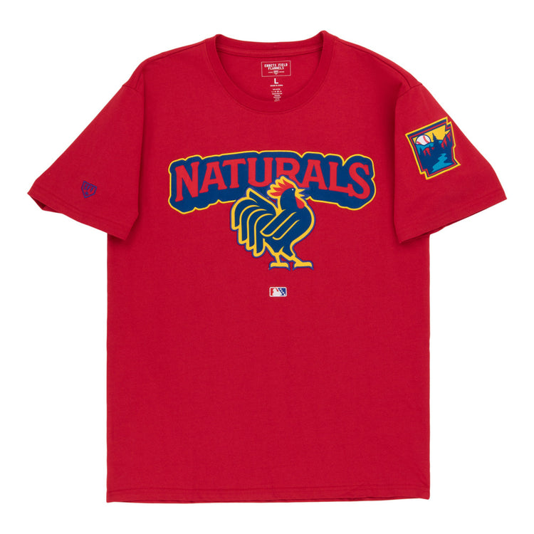 The Ebbets Field Northwest Arkansas Naturals MiLB Fashion Cotton Short Sleeve Tee is a red shirt with a large stylized rooster graphic and 