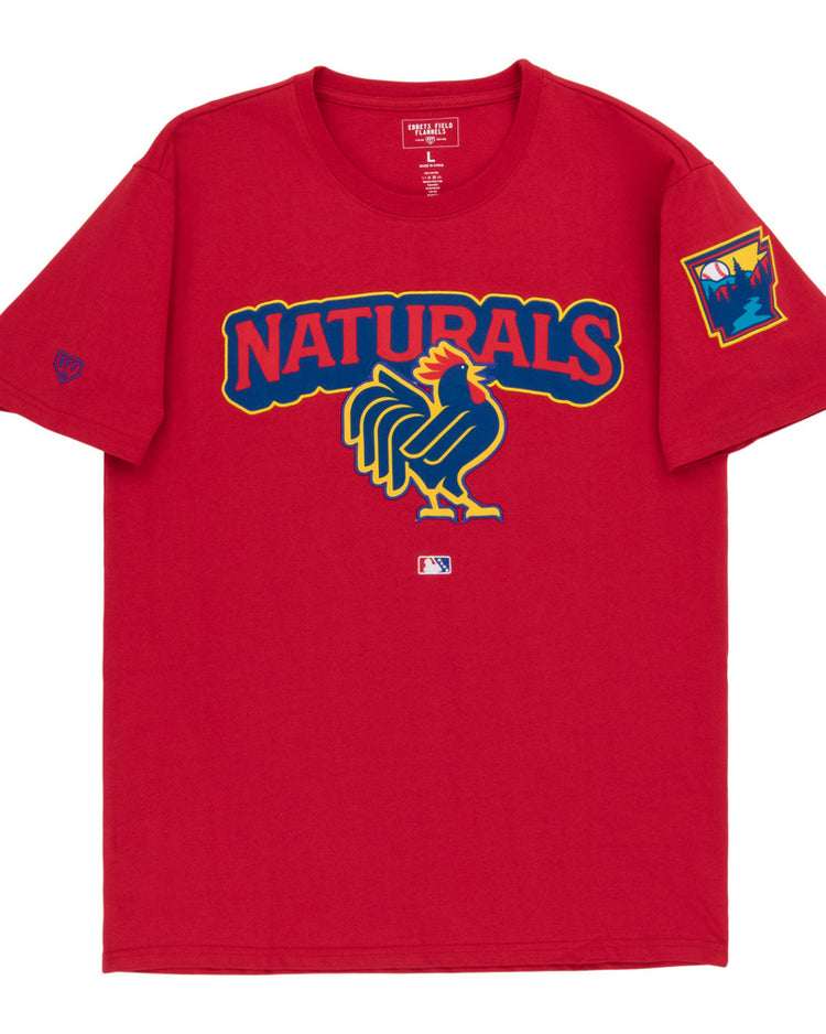 The Ebbets Field Northwest Arkansas Naturals MiLB Fashion Cotton Short Sleeve Tee is a red shirt with a large stylized rooster graphic and 