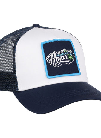 The Ebbets Field Hillsboro Hops MiLB Trucker Ballcap features a navy blue and white mesh back, plus a front patch with 