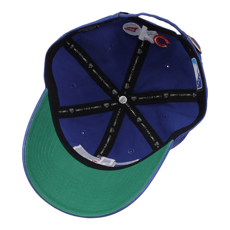 Inside view of the Ebbets Field Oklahoma City Dodgers MiLB Dad Ballcap: blue exterior, green underbrim, black lining bands, white seam tags, small ventilation holes, and branded stitching.