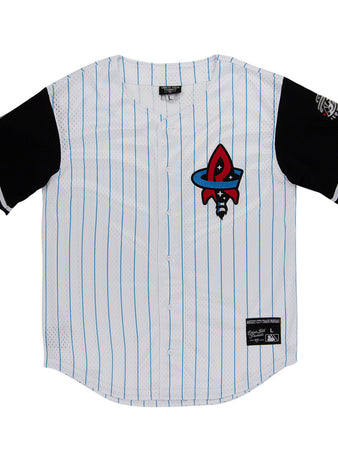 The Ebbets Field Rocket City Trash Pandas MiLB Button Down Jersey is white with thin blue stripes, black sleeves, a red and black rocket logo on the chest, and patches on the lower front and left sleeve.