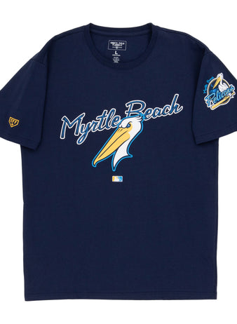 The Ebbets Field Myrtle Beach Pelicans MiLB Fashion Cotton Short Sleeve Tee is navy blue with 