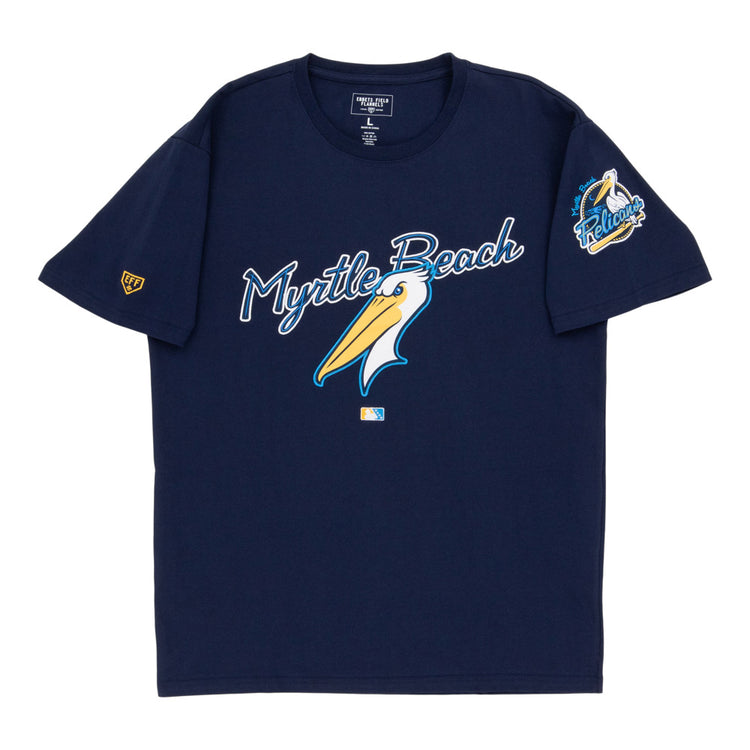 The Ebbets Field Myrtle Beach Pelicans MiLB Fashion Cotton Short Sleeve Tee is navy blue with 