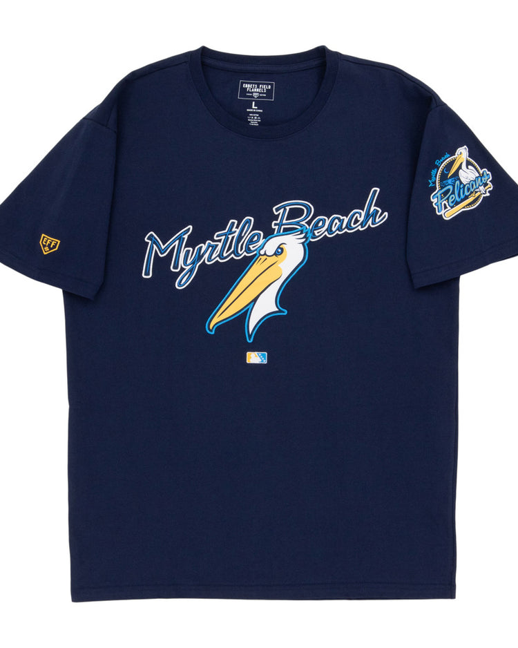 The Ebbets Field Myrtle Beach Pelicans MiLB Fashion Cotton Short Sleeve Tee is navy blue with 
