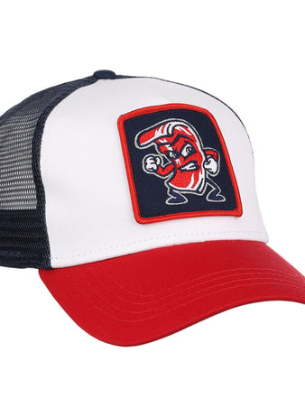 The Ebbets Field Lehigh Valley Ironpigs MiLB Trucker Ballcap features a white front, red brim, black mesh back, and a patch with a cartoon boxing bacon strip in red, white, and blue.