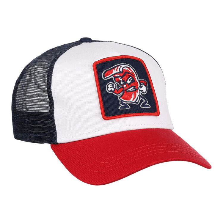 The Ebbets Field Lehigh Valley Ironpigs MiLB Trucker Ballcap features a white front, red brim, black mesh back, and a patch with a cartoon boxing bacon strip in red, white, and blue.