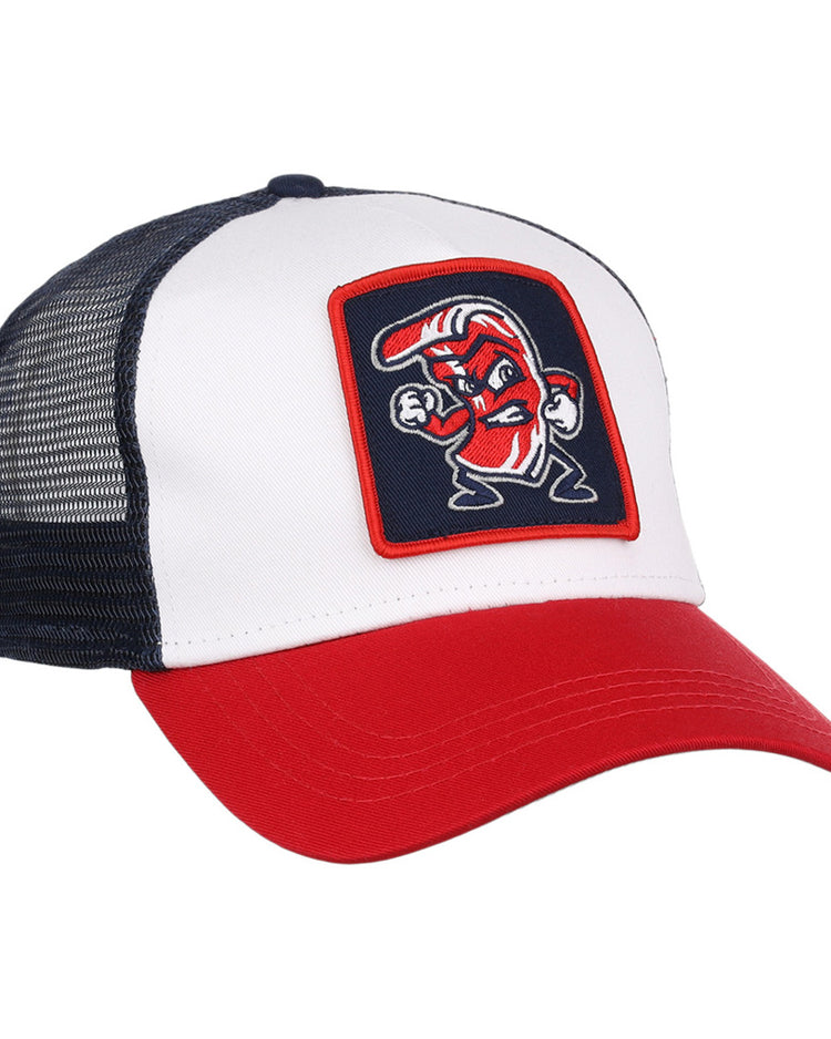 The Ebbets Field Lehigh Valley Ironpigs MiLB Trucker Ballcap features a white front, red brim, black mesh back, and a patch with a cartoon boxing bacon strip in red, white, and blue.