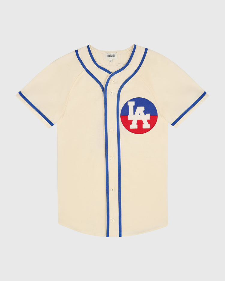 Los Angeles (PCL) 1946 Authentic Wool Home Jersey in cream with short sleeves, blue trim, and a circular red and blue LA logo on the chest.
