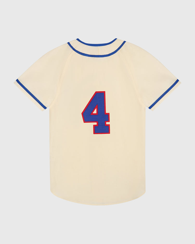 Off-white short-sleeved Los Angeles (PCL) 1946 Authentic Wool Home Jersey by Ebbets Field, featuring blue trim on the collar and sleeves and the number 4 in blue with a red outline on the back.