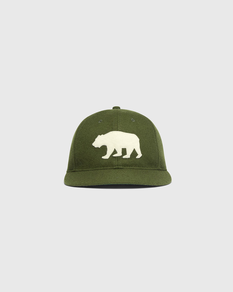 Olive green wool Ebbets Field Mission Bears Vintage Inspired Wool Ballcap featuring an embroidered white bear on the front panel.