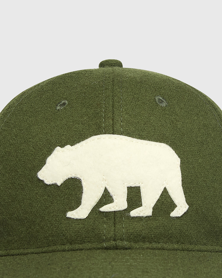 Olive green wool Ebbets Field Mission Bears Vintage Inspired Wool Ballcap with an off-white felt bear appliqué on the front.