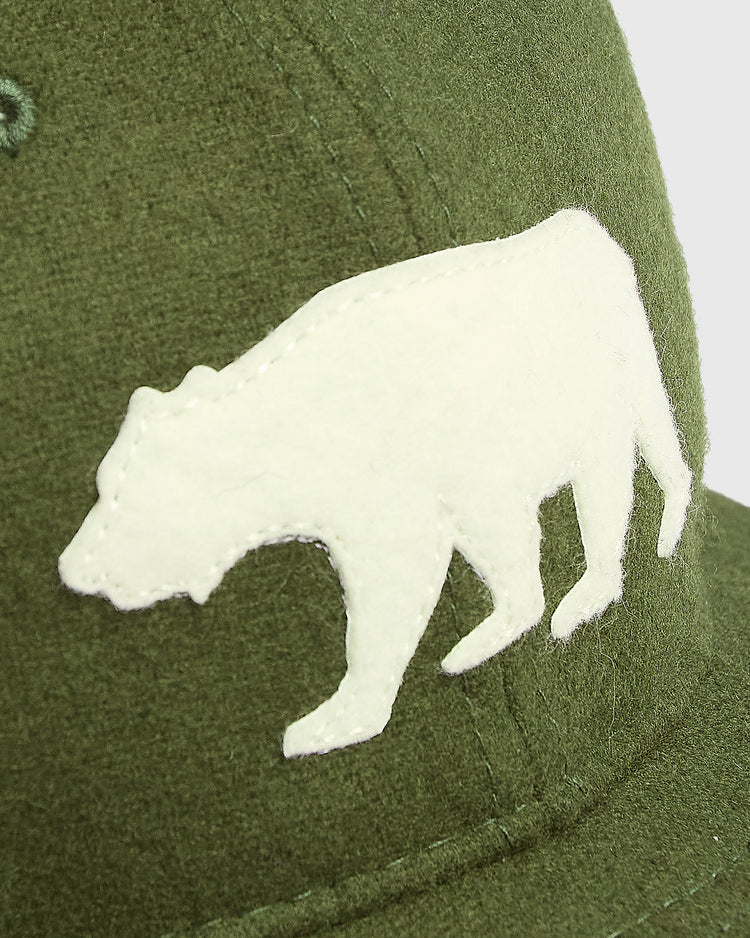 Olive green wool Mission Bears Vintage Inspired Wool Ballcap featuring a white felt bear appliqué.