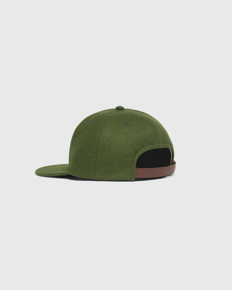 Olive green wool Mission Bears Vintage Inspired Wool Ballcap by Ebbets Field with a brown leather strap back.