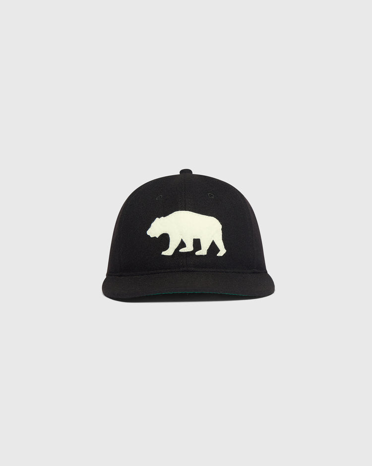 Black wool Mission Bears Vintage Inspired Wool Ballcap featuring a white bear silhouette on the front crown.