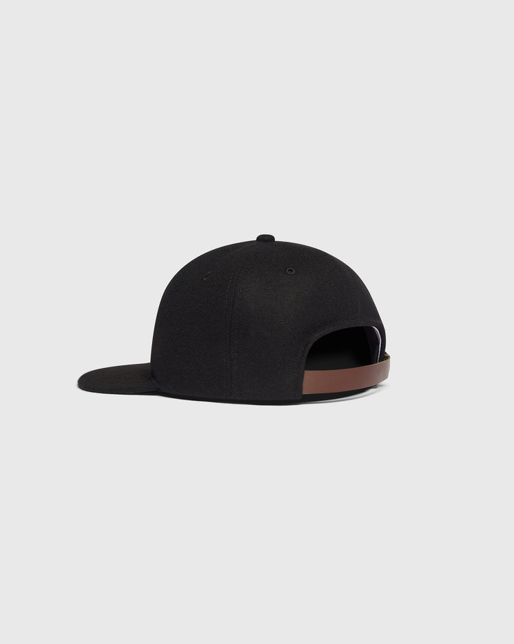 Black wool Mission Bears Vintage Inspired Wool Ballcap with a flat brim and a brown leather back strap.