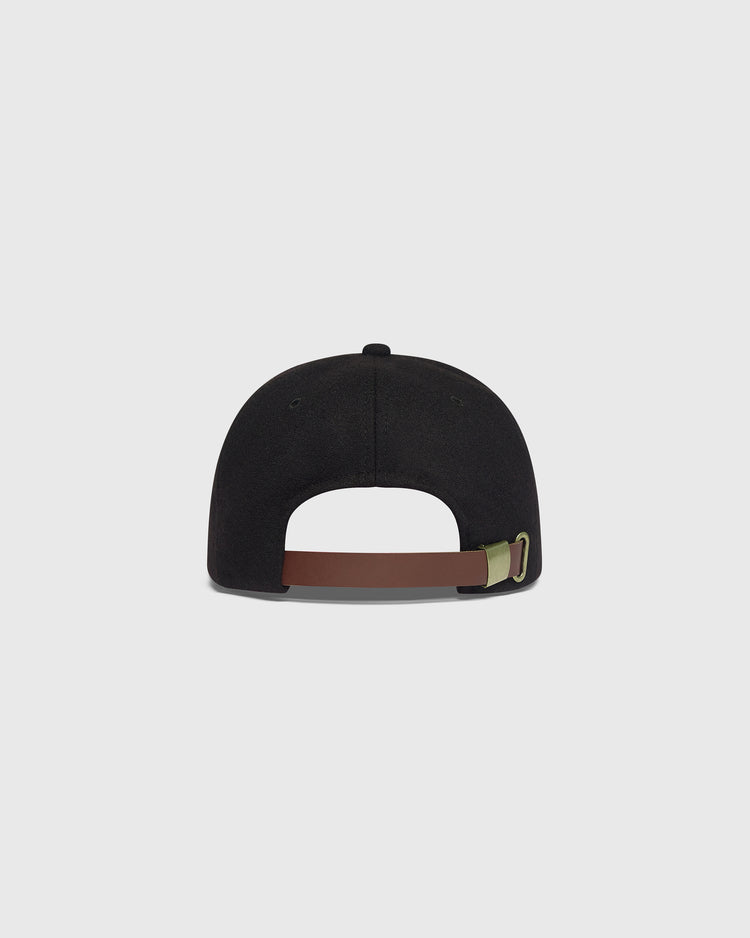 Back view of a black Ebbets Field Mission Bears Vintage Inspired Wool Ballcap, featuring a brown leather adjustable strap with a gold-tone buckle.