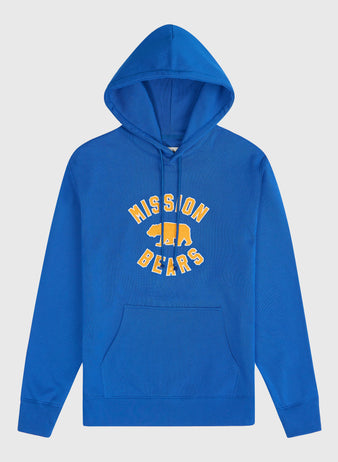 Blue Ebbets Field Mission Bears Heavyweight Cotton Terry Pullover Hoodie with a drawstring hood, featuring a yellow bear silhouette and text printed on the chest.