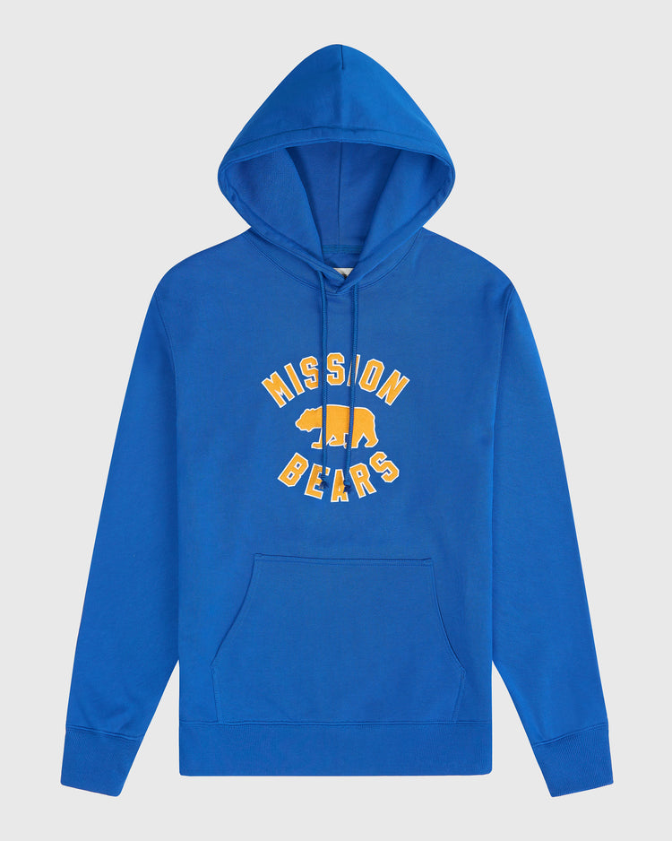 Blue Ebbets Field Mission Bears Heavyweight Cotton Terry Pullover Hoodie with a drawstring hood, featuring a yellow bear silhouette and text printed on the chest.