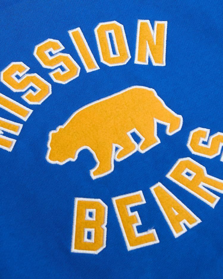 Ebbets Field Mission Bears Heavyweight Cotton Terry Pullover Hoodie in blue, featuring yellow embroidered lettering with white trim surrounding a central yellow felt bear emblem.