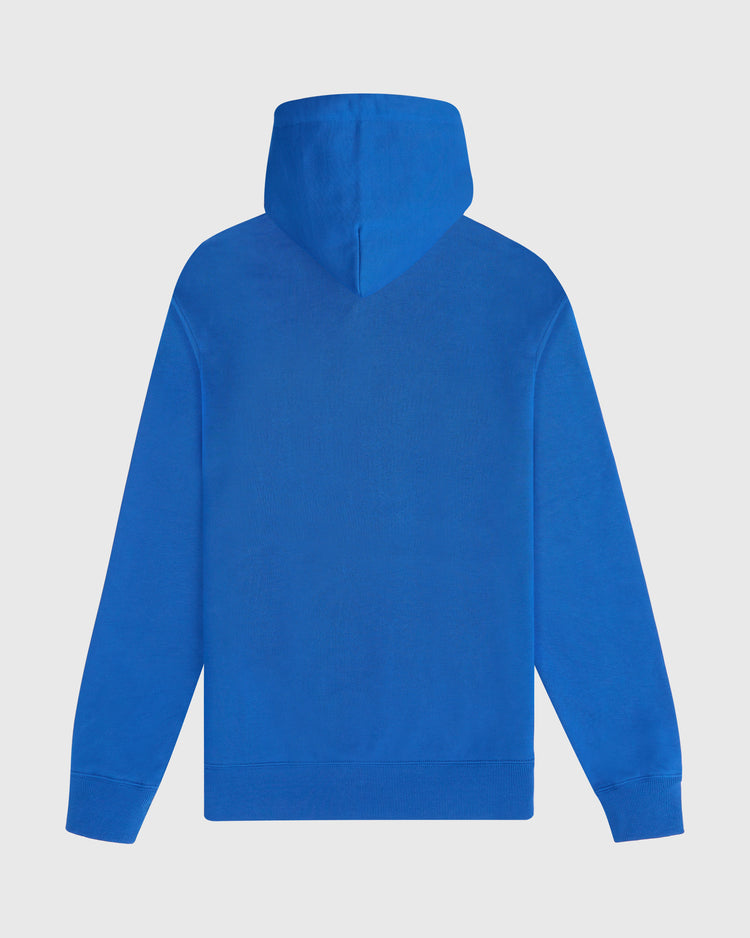 Back view of a plain blue Ebbets Field Mission Bears Heavyweight Cotton Terry Pullover Hoodie with a drawstring-free hood.