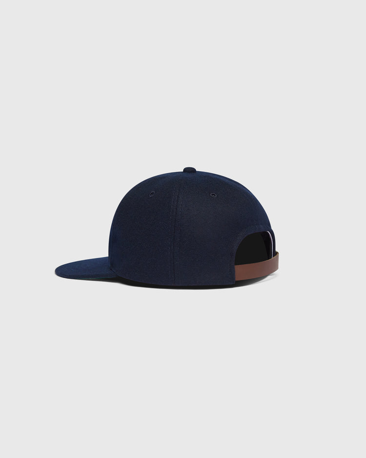 Navy blue wool San Francisco Sea Lions Wool Ballcap by Ebbets Field with a flat brim and a brown leather adjustable back strap.