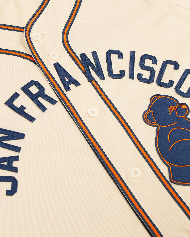 Cream-colored Ebbets Field San Francisco Sea Lions Cotton Twill Baseball Jersey with navy and orange trim, the text SAN FRANCISCO, and a navy bear mascot patch.