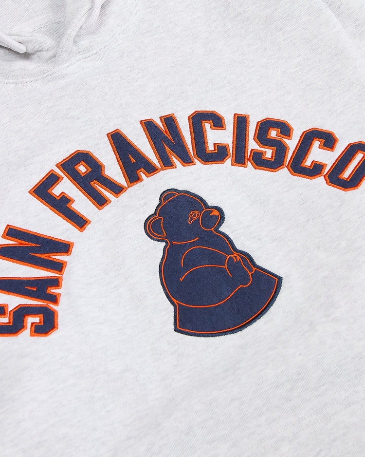 Light gray Ebbets Field San Francisco Sea Lions Heavyweight Cotton Terry Pullover Hoodie, featuring an embroidered navy blue and orange sea lion graphic with SAN FRANCISCO arched above it.