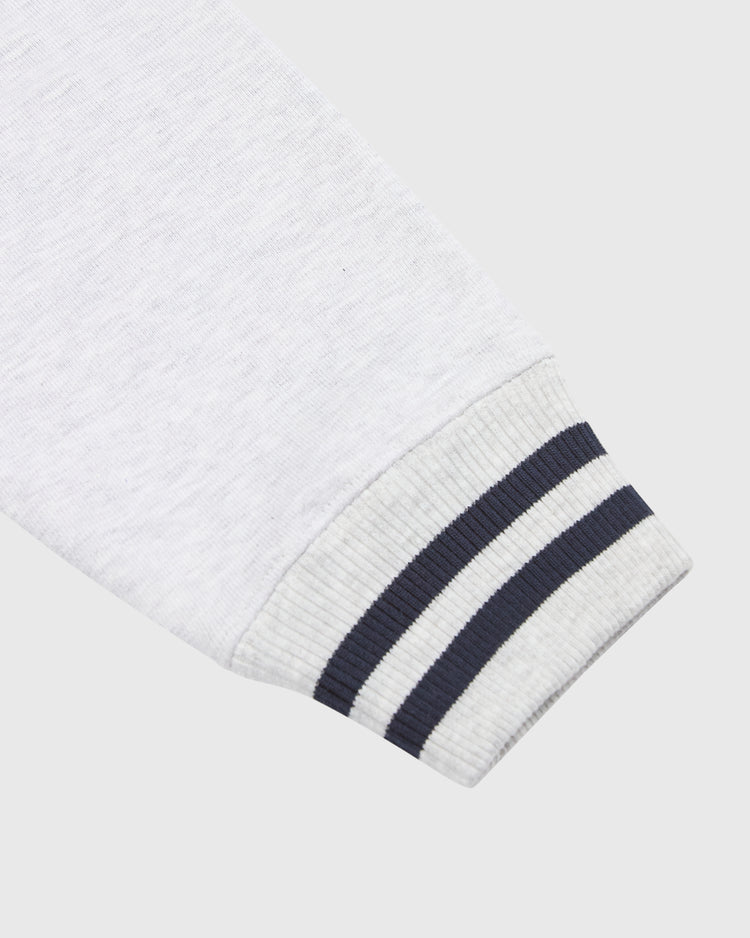 Light gray heathered heavyweight cotton sleeve of a San Francisco Sea Lions Heavyweight Cotton Terry Pullover Hoodie with a ribbed cuff featuring two dark blue stripes.