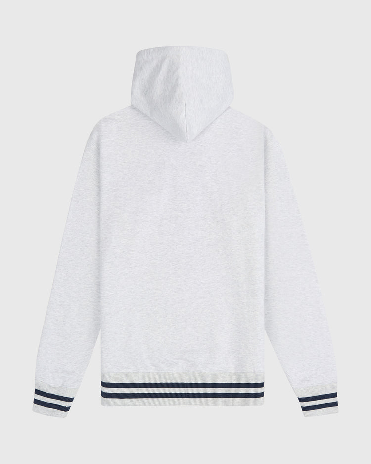Back view of a light gray Ebbets Field San Francisco Sea Lions Heavyweight Cotton Terry Pullover Hoodie, featuring navy and white striped ribbed cuffs and hem.