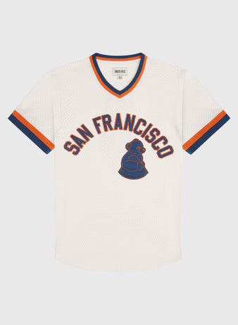 Off-white mesh San Francisco Sea Lions V-Neck Mesh Jersey with navy and orange striped trim on the sleeves and collar, featuring SAN FRANCISCO in navy and orange lettering above a navy seal graphic.