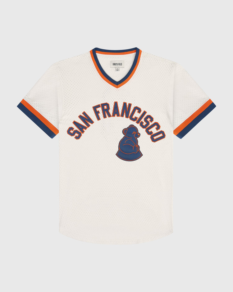 Off-white mesh San Francisco Sea Lions V-Neck Mesh Jersey with navy and orange striped trim on the sleeves and collar, featuring SAN FRANCISCO in navy and orange lettering above a navy seal graphic.