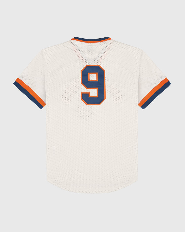 Off-white San Francisco Sea Lions V-Neck Mesh Jersey with dark blue and orange trim, featuring the number 9 in blue and orange on the back.