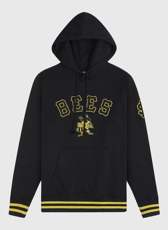 Ebbets Field Salt Lake Bees Heavyweight Cotton Terry Pullover Hoodie featuring the word BEES in yellow varsity lettering above a bee mascot with a baseball bat, with yellow stripes on the cuffs and hem.