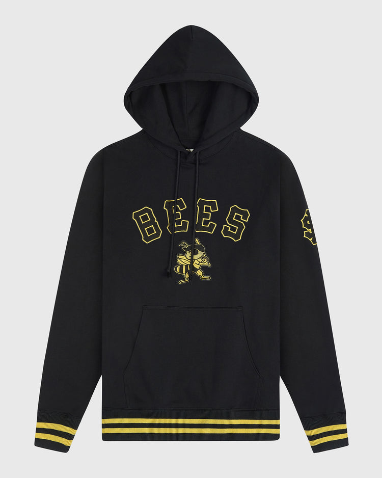 Ebbets Field Salt Lake Bees Heavyweight Cotton Terry Pullover Hoodie featuring the word BEES in yellow varsity lettering above a bee mascot with a baseball bat, with yellow stripes on the cuffs and hem.