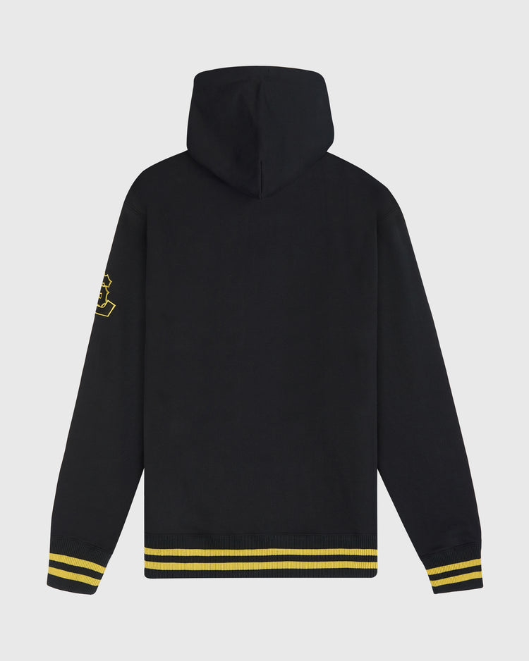 Back view of a black Ebbets Field Salt Lake Bees Heavyweight Cotton Terry Pullover Hoodie featuring yellow striped cuffs and hem, with an embroidered yellow logo on the right sleeve.