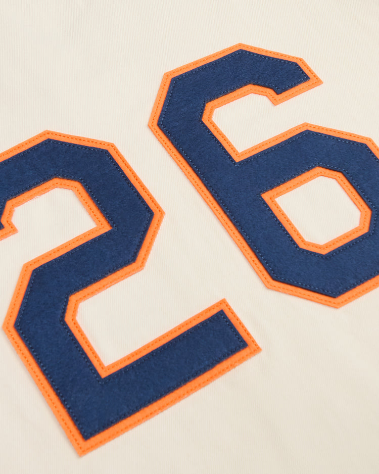 Off-white cotton twill San Francisco Seals 1938 Cotton Twill Jersey featuring the number 26 in navy blue felt with orange stitched trim.