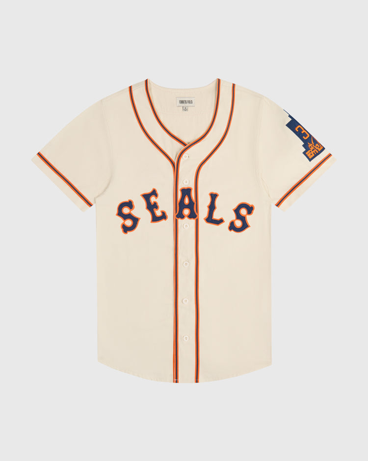 Ebbets Field San Francisco Seals 1938 Cotton Twill Jersey in off-white with navy and orange SEALS lettering, navy and orange trim, and a navy number 3 patch on the left sleeve.