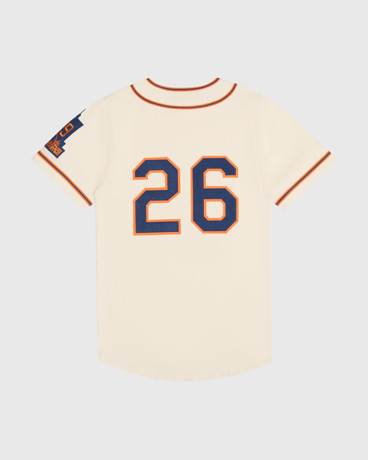 Cream San Francisco Seals 1938 Cotton Twill Jersey with a navy blue number 26 on the back, orange trim, and a patch on the right sleeve.