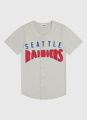 Seattle Rainiers 1939 Cotton Twill Jersey in light grey with SEATTLE in blue letters and RAINIERS in red letters across the chest.