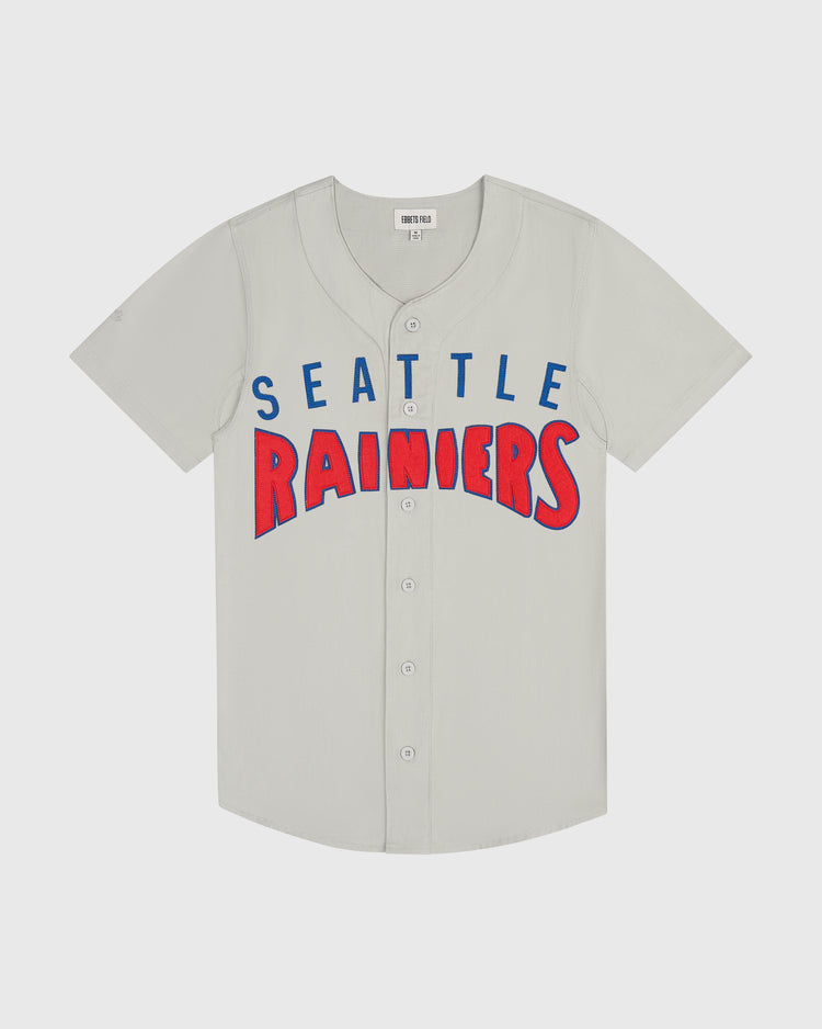 Seattle Rainiers 1939 Cotton Twill Jersey in light grey with SEATTLE in blue letters and RAINIERS in red letters across the chest.