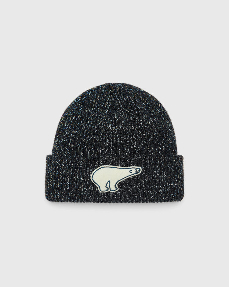 Cerveceria Polar Bear Felt Patch Ribbed Beanie in black and white speckled rib-knit featuring a white felt polar bear patch on the cuff.