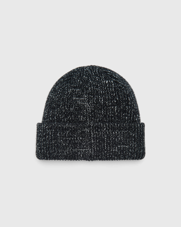 Black and white speckled Cerveceria Polar Bear Felt Patch Ribbed Beanie in a cuffed, rib-knit design.